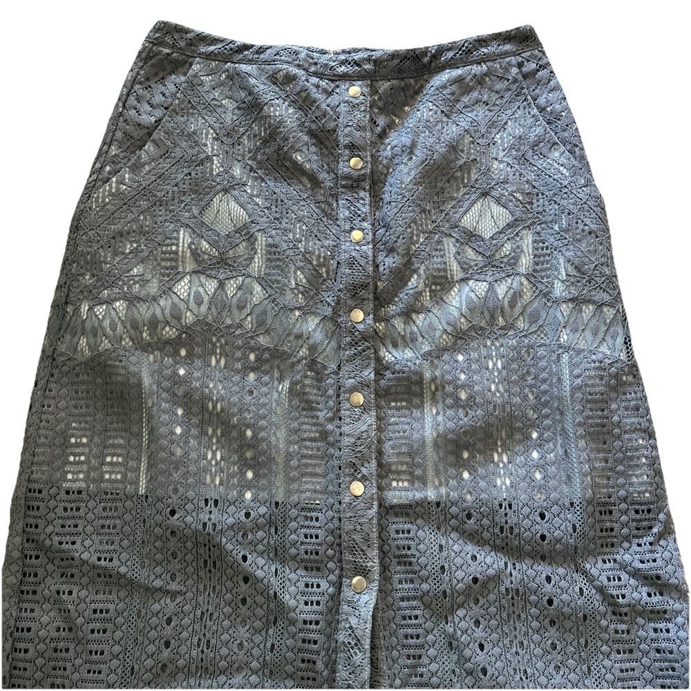 BCBG Maxazria Size 6 Slate Blue Lace Snap Front‎ Maxi Skirt Cottagecore